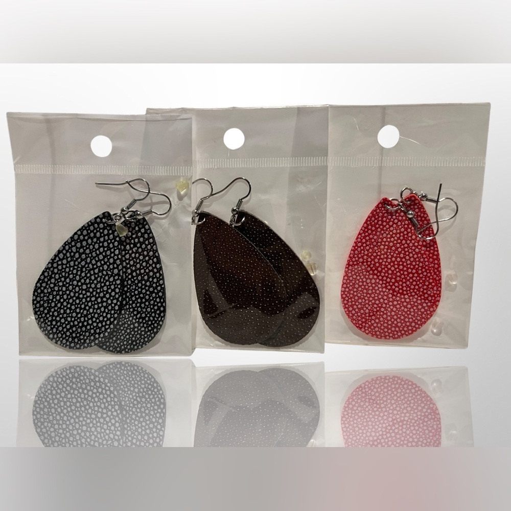Lot of 3 Textured Tear-Drop Vegan Leather Earrings NW